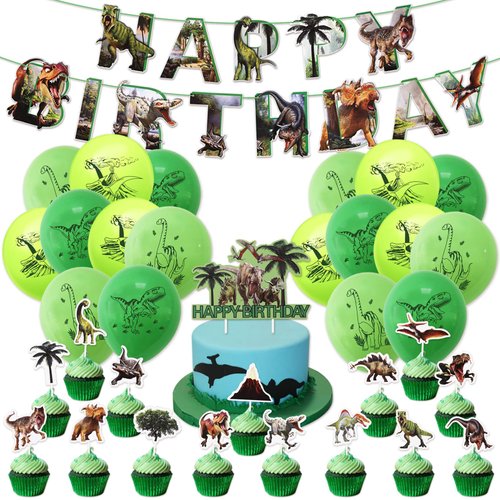 38PCS Dinosaur Birthday Party Decorations Dinosaur Party Supplies Including 1PC Long Banner, 1PC Huge Happy Birthday Cake Topper, 16PCS Cupcake Toppers, 18PCS Balloons