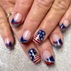 BFY 4th of July Press on Nails Medium Square Fake Nails, USA Flag Red White Glitter Acrylic Nails, Blue French Glossy Gel False Nails Kit Stick Glue on Nails Tip, Independence Day Decoration 24 Pcs