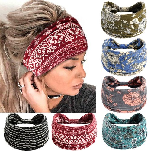 SAWINDA 6 Pcs Boho Headbands for Women Wide Twist Knotted Non-Slip Head Bands for Women's Hair Stripe Floral Vintage African Hair Bands Daily Life Yoga Exercise Stretchy Head Wraps Accessories