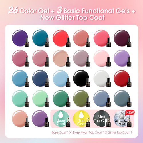 ROSALIND 30PCS Gel Nail Polish Set with Base Glossy Matte and Glitter Top Coat Gel Polish, Multicolored Gel Nail Set Long Lasting DIY Manicure Gifts