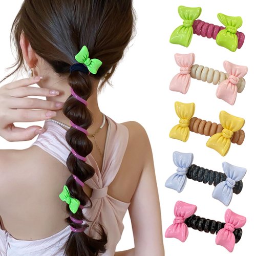 5 Pcs Bowknot Braided Telephone Wire Hair Bands Elastic Spiral Hair Ties Phone Cord for Women Colorful Cute Ponytail Holder Accessories