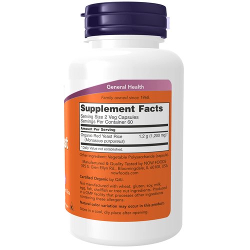 NOW Supplements, Red Yeast Rice 600 mg, Made with Organic Red Yeast Rice, 120 Veg Capsules