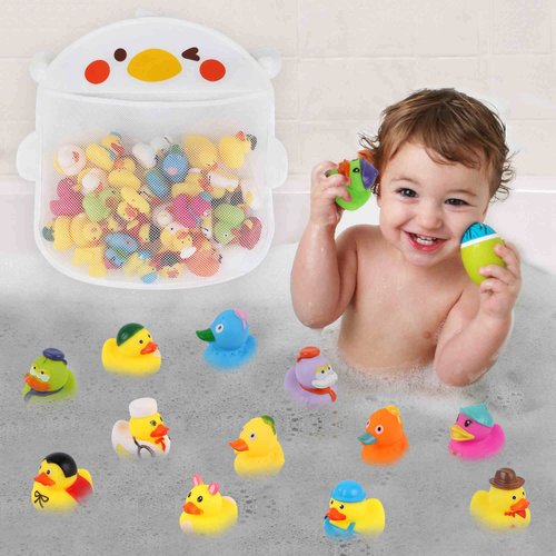 Abincee 30/50PCS Assortment Rubber Ducks Bath Toys with Storage Net,Soft Baby Shower Accessories Bathtub Toy Organizer Pool Toys for Toddlers (50)
