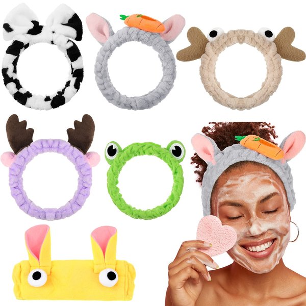 Jutom 6 Pieces Animal Themed Spa Headband Cute Makeup Headband Lovely Ears Hair Band for Washing Face Elastic Cosmetic Head Wrap for Women Lady, 6 Styles