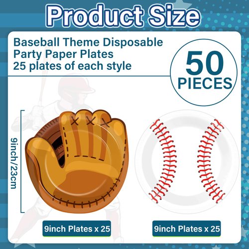 Justforjoyful 50Pcs Baseball Plates Baseball Party Supplies 9inch Sports Themed Birthday Party Plates Disposable Baseball Dinner Dessert Paper Plates for Baseball Birthday Gamed Day Party Decorations