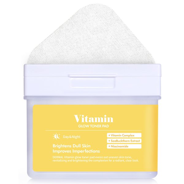 DERMAL Vitamin Toner Pad - Korean Toner Pad for Antioxidant & Skin Glow Radiance Improvement with Vitamin C - Vegan Pure Cotton Square Pads - High Capacity, 120 Sheets