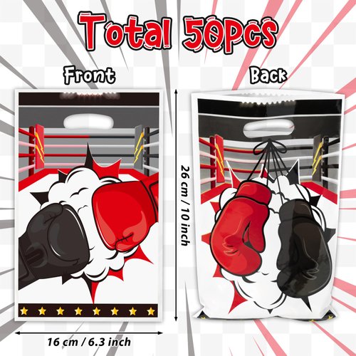 ArowlWesh Boxing Party Favor Bags - 50Pcs Plastic Boxing Candy Treat Gift Bags with Handles Boxing Match Birthday Party Decoration Snack Goodie Bags Kid Adult Birthday Party Supplies for Boxing Lovers
