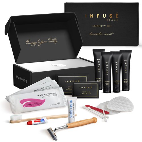 Infuse Black Amenity & Accessory Kit | 1 oz Travel Size Shampoo, Conditioner, Lotion, Body Wash, Body Bar, 2 Cleansing Bar, Shave & Dental Sets, Make-Up Remover Wipes, & Vanity Kit | 1 set per case