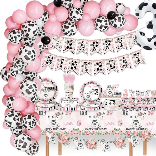 203 Pcs Holy Cow I'm Three Birthday Decorations Cow Print Three Years Old Plates Napkins Forks Cups Tablecloth Banner Balloon Garland for Farmhouse Animal Cow Theme Girls 3rd Bday Party Supplies