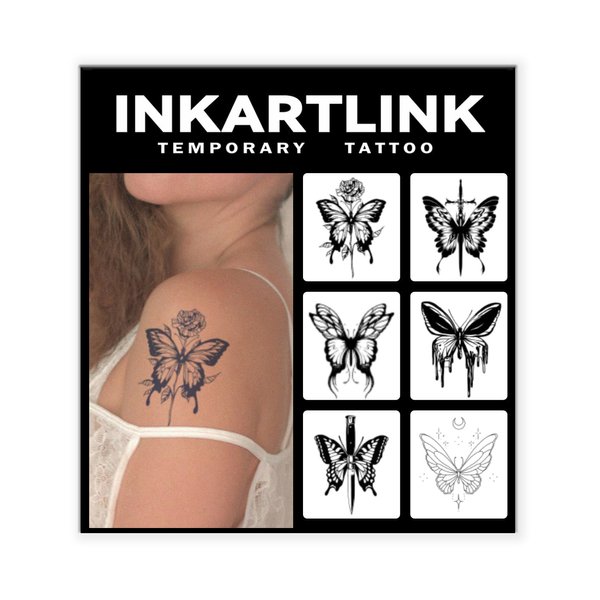 INKARTLINK 6 Sheets Temporary Tattoos, Semi-Permanent Tattoo, Fake tattoos, 1-2 Weeks Tattoo, For the Mature and Elegant Women, Butterfly Tattoos Temporary.