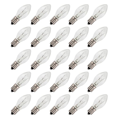 Creative Hobbies 3228x25-7 Watt, C7 Night Light, 40 Lumens, Long Life, Clear, E12 Candelabra Base, C7 Replacement Bulbs, Incandescent Light Bulb | 25 Pack