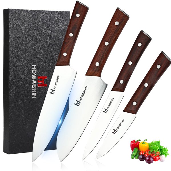 Howashin 4Pcs Chef Knife Set,Germen High Carbon Stainless Steel Kitchen Knife Set,Professional Knife Set Natural Wood Full Handle Tang With Gife-Box