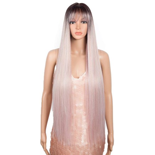 Style Icon 35” Y Part Lace Front Wig Long Straight Wig Mixed Pink Wig Middle Part Synthetic Wigs with Bangs High Temperature Fiber Heat Resistant Wig (Y Part Lace Wig, TT4/AMBRS)