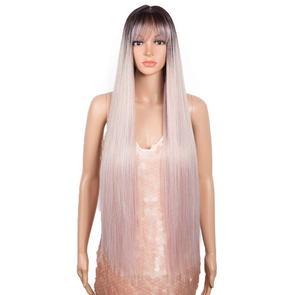 Style Icon 35” Y Part Lace Front Wig Long Straight Wig Mixed Pink Wig Middle Part Synthetic Wigs with Bangs High Temperature Fiber Heat Resistant Wig (Y Part Lace Wig, TT4/AMBRS)