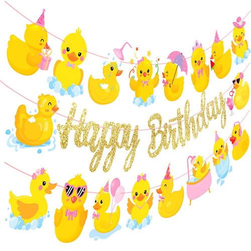 3PCS Duck Happy Birthday Banners Rubber Duck Birthday Party Supplies Duck Birthday Hanging Banners Duck Birthday Party Decorations for Little Yellow Duck Baby Shower Supplies