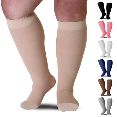 Mojo Compression Socks 20-30mmHg - 6XL Closed Toe Knee-High Extra X-Wide Calf: Relief for Lymphedema, Bariatric, Varicose Veins & Swelling, Beige XXXXXX-L