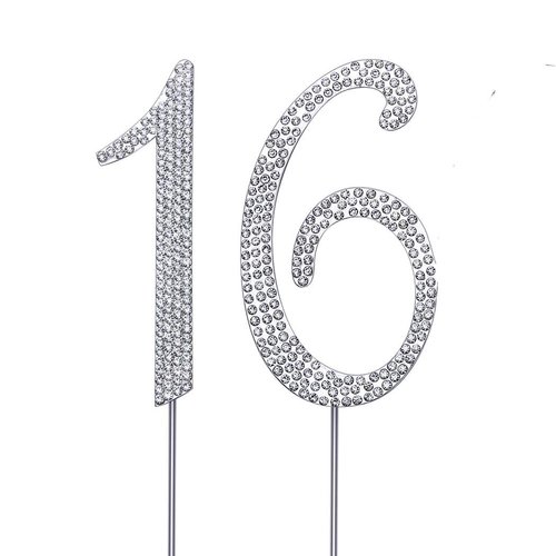 MAGJUCHE Silver 16" Crystal Cake Topper, Number 16 Rhinestones 16th Birthday Cake Topper, Boy or Girl Birthday or 16th Anniversary Party Decoration Supply