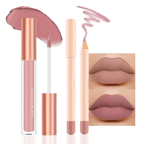 BINGBRUSH Colors Liquid Matte Lipstick and Lipliner Pack Set, Lip Tint Long Lasting 24 Hour Waterproof Velvet Nonstick Cup Lipgloss Lip Stain Pigmented Lip Makeup Gift Sets (1Pc 01#)