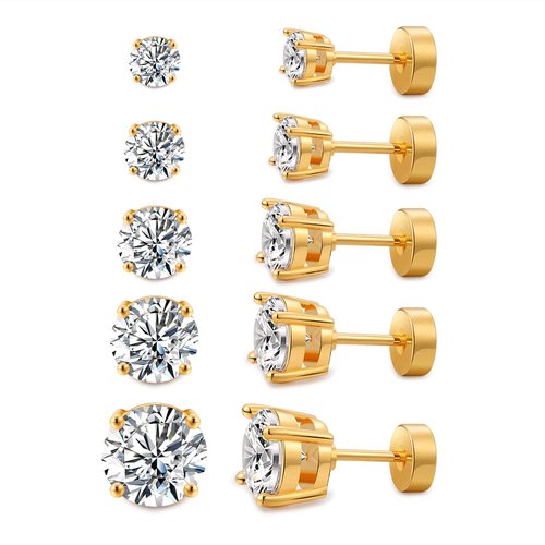 Kainier Women's 5 Pairs 14K Gold Plated CZ Stud Earrings Flat Back Earrings Simulated Diamond Round Surgical Steel Cubic Zirconia Hypoallergenic Flat Back Ear Stud Set（5 Pairs)