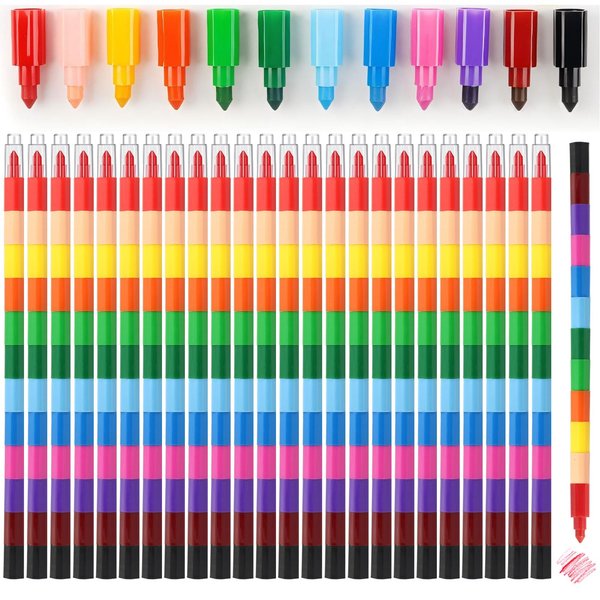Sigowal 24Pcs Stacking Crayons Stackable Buildable Crayons, Colorful Crayons DIY Rainbow Pencils, Colored Crayons Party Bag Fillers for Kids Writing, Drawing, Coloring, Office School Party Supplies
