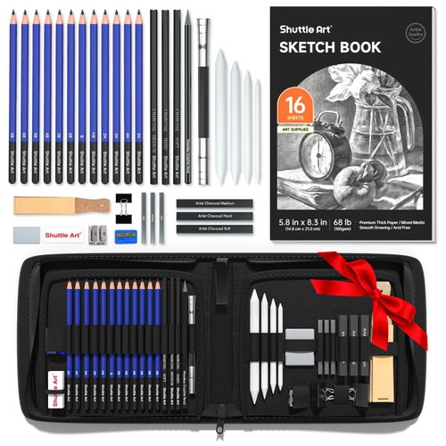 Shuttle Art Sketching and Drawing Pencils Set, 37-Piece Professional Sketch Pencils Set in Zipper Carry Case, Drawing Kit Art Supplies with Graphite Charcoal Sticks Tool Sketch book for Adults Kids