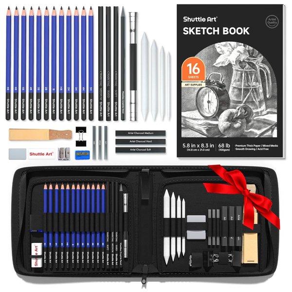 Shuttle Art Sketching and Drawing Pencils Set, 37-Piece Professional Sketch Pencils Set in Zipper Carry Case, Drawing Kit Art Supplies with Graphite Charcoal Sticks Tool Sketch book for Adults Kids