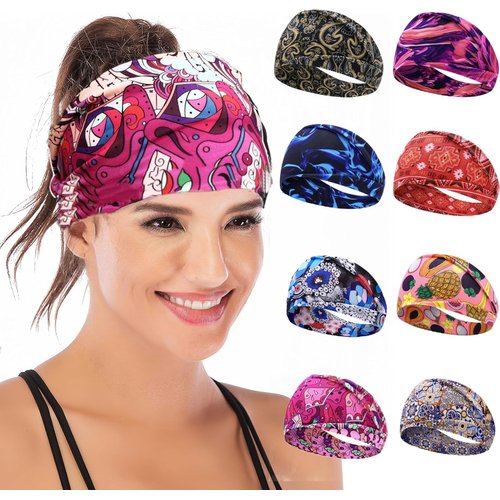 8-Pack Boho Wide Elastic Headbands for Women - Non-Slip Workout Hair Bands for Sports, Yoga, Running, and Fitness