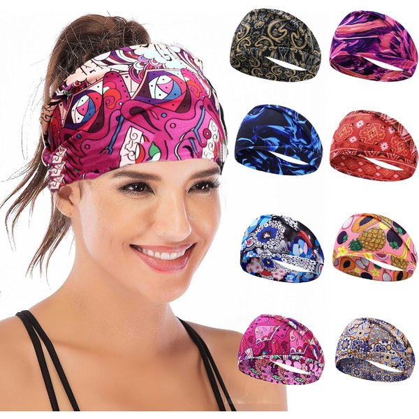 8-Pack Boho Wide Elastic Headbands for Women - Non-Slip Workout Hair Bands for Sports, Yoga, Running, and Fitness
