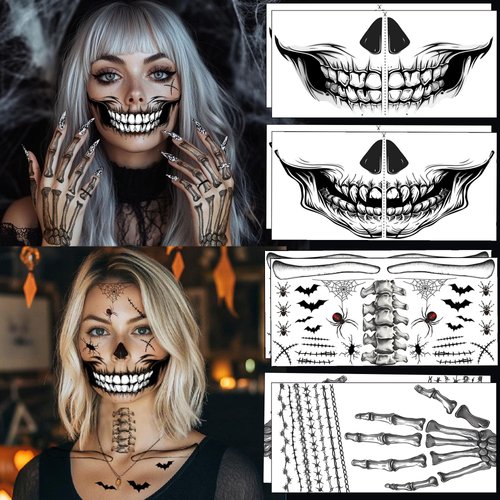 8Pcs Skeleton Face Tattoo Halloween Accessories，Halloween Tattoos Ghost Face Temporary Tattoo,Halloween Make Up Halloween Face Tattoos Stickers Zombie Makeup Kit (A-8 skeleton face tattoo)