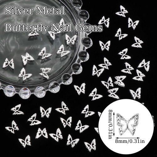 RODAKY 50PCS Butterfly Nail Charms 3D Silver Butterflies Charms for Nails Alloy Butrtefly Nail Gems Nail Decoration for Manicure DIY Design Silver Nail Art Accessories