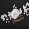 Teyglen Flower Bride Wedding Hair Comb Bridal Crystal Pearl Hair Piece Gold Leaf Flower Headpiece for Bride Hair Jewelry for Women (Gold)