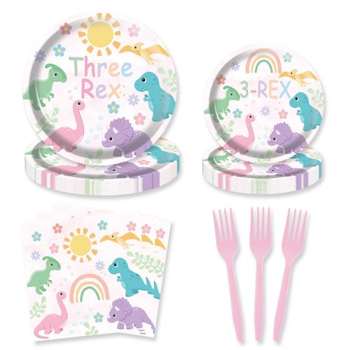 HEETON 80Pcs Girl Three Rex Birthday Party Supplies Plates Pink Dinosaur Birthday Party Decorations for Baby Bday