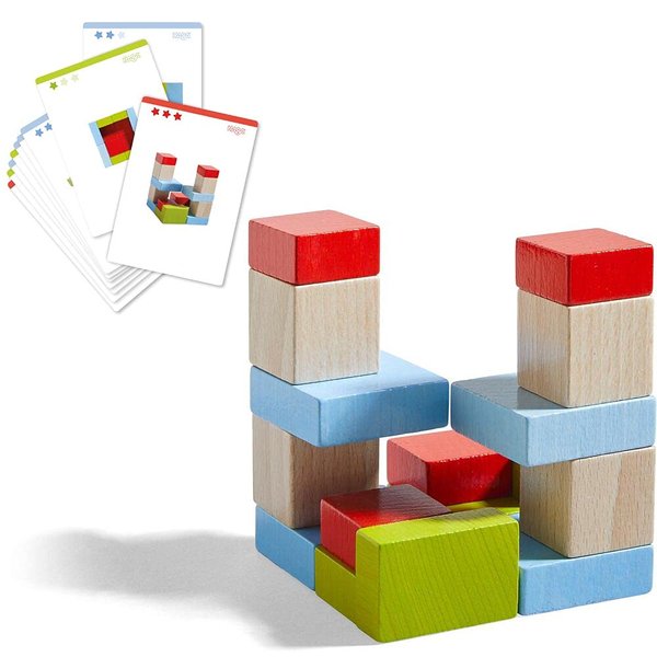 HABA Four by Four Wooden Building Blocks - 16 Piece Set with Pattern Cards for Ages 3+ (Made in Germany)