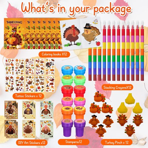 Cinrobiye 72 Pcs Thanksgiving Day Party Favors Fall School Exchange Gifts Thanksgiving Coloring Books Stacking Crayons Turkey DIY Sticker Stampers Class Reward Prizes for Autumn Harvest Party