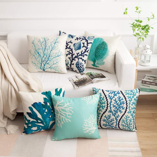 famibay Decorative Pillow Cover Ocean Park Theme Square Cotton Linen Throw Pillow Case Cushion Cover 18 x 18 (Ocean Theme-5, Pack of 6 18"x18")