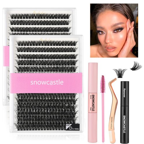 snowcastle Lash Extensions Kit C D Curl 9-16MM Eyelash Extension Kit 60p 280Pcs Diy Lash Extension Kit Clusters Bond and Seal Waterproof, Cluster Lash Remover for Individual Lashes Kit At Home (60p)