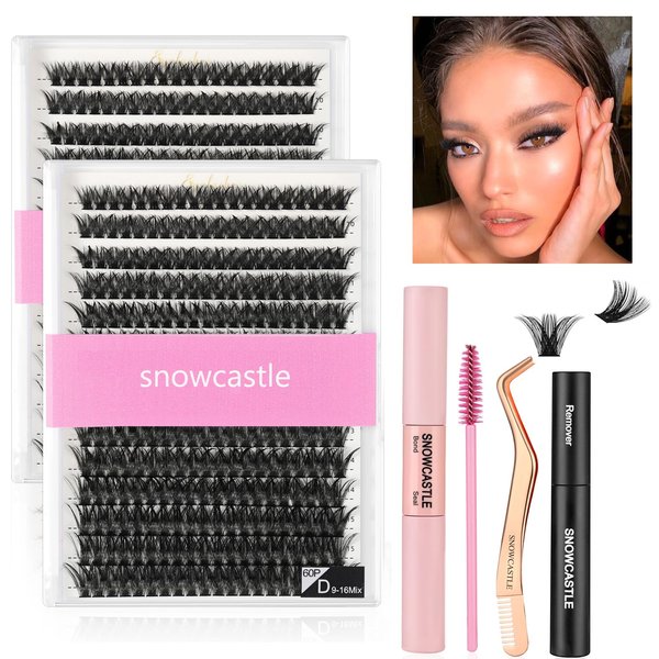 snowcastle Lash Extensions Kit C D Curl 9-16MM Eyelash Extension Kit 60p 280Pcs Diy Lash Extension Kit Clusters Bond and Seal Waterproof, Cluster Lash Remover for Individual Lashes Kit At Home (60p)