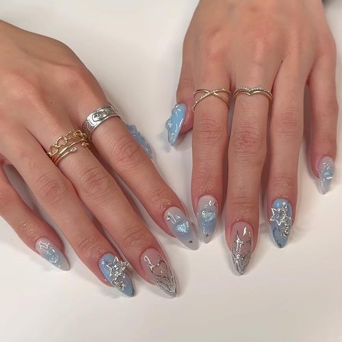 24 Pcs Nude Almond Press on Nails Medium Cute Fake Nails Press ons Stiletto Nail Tips Blue Gradient False Nails with 3D Star Designs Acrylic Glue on Nails Glossy Artificial Stick on Nails for Women