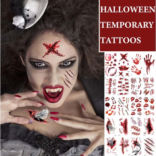 20 Pcs Halloween Body Face Scar Realistic Temporary Tattoos for Men Women,Fake Bloody Wound Stitch Scar Scab Horror Zombie Halloween Masquerade Waterproof Makeup Tattoo Stickers