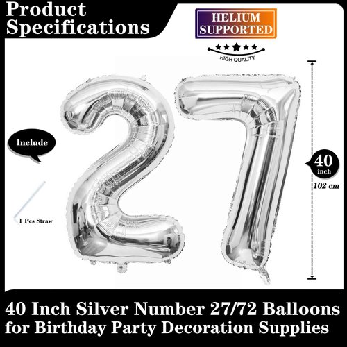 Silver 27 Number Balloons, 40 Inch Giant Number 27 Balloons Foil Mylar Helium Silver Number Balloons for 27th Birthday Party Supplies Anniversary Event Celebration Decorations