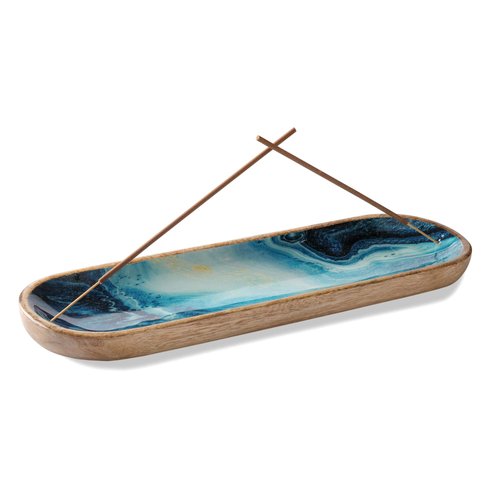 Folkulture Incense Holder or Incense Burner Holder for Men or Her, Modern Ash Catcher or Insense for Table Décorations, Wooden Incense Tray for Sticks, Boho Gifts, Mango Wood -Blue