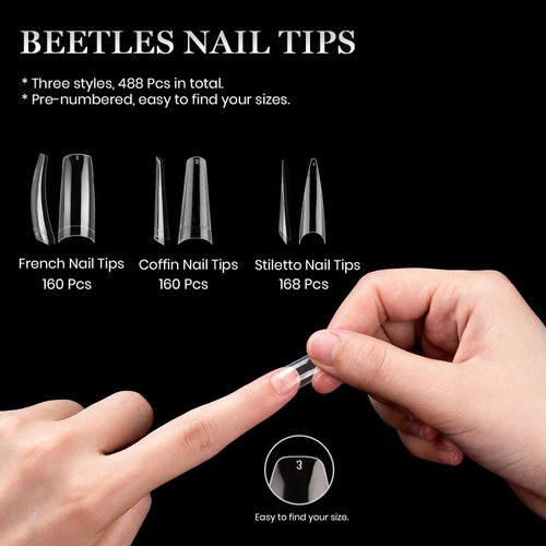 Beetles Acrylic Nails Kit 488 Pcs 3 Styles Clear Coffin Ballerina Stiletto Nail Tips Gel Tips Set False Nails Extension Gel Nail Art Gift for Women