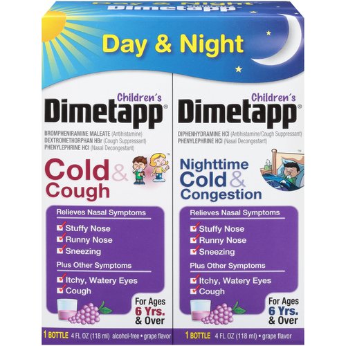 Dimetapp Children's Cold & Cough Antihistamine, Cough Suppressant, & Decongestant - Day & Night (Grape Flavor Liquid, 2-4 fl. oz. Bottles)