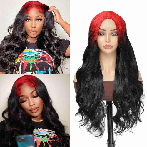 KPROYU Synthetic Lace Front Wig Ombre Long Black Wig Red Root 28 Inch Black Wigs For Women Body Wave Synthetic Wigs For Black Women