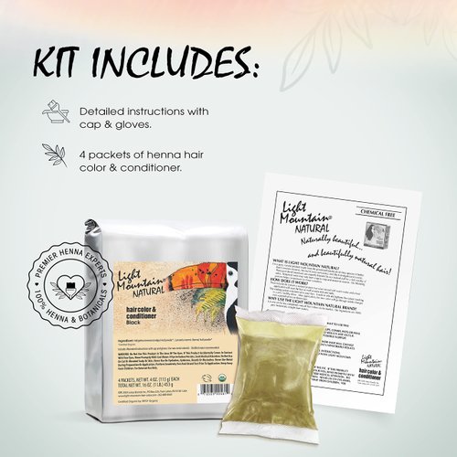 Light Mountain Henna Hair Color & Conditioner - Black Hair Dye for Men/Women, Organic Henna Leaf Powder and Botanicals, Chemical-Free, Semi-Permanent Hair Color, 16 Oz