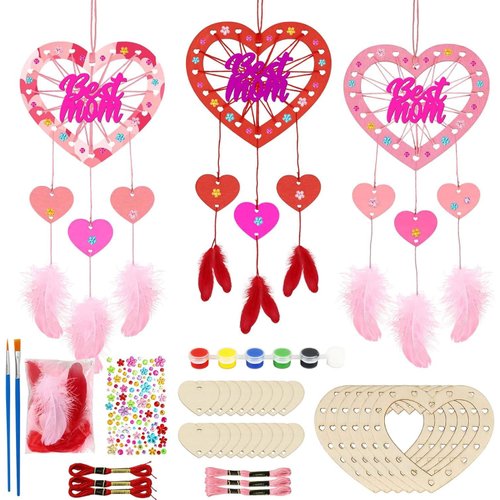 Fennoral 6 Pack MOM Dream Catcher Craft Kit for Kids Paint You Own Mother's Day Dream Catcher DIY Coloring Wooden Art and Craft for Art Activity Project Mom's Birthday Decoration Mum Gifts