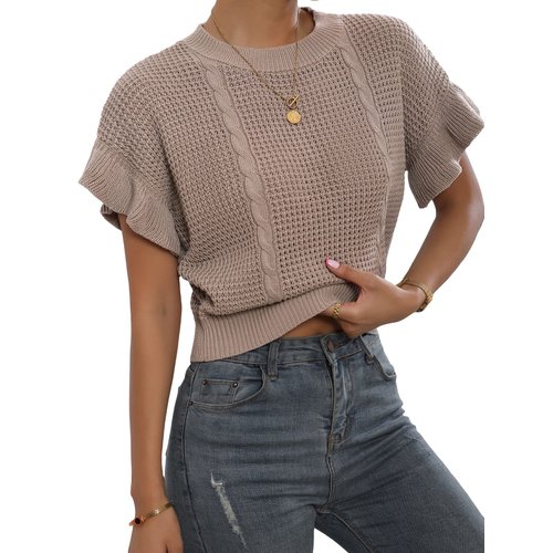Verdusa Women's Ruffled Short Sleeve Round Neck Knitted Crop Top Pullovers Sweater Khaki S