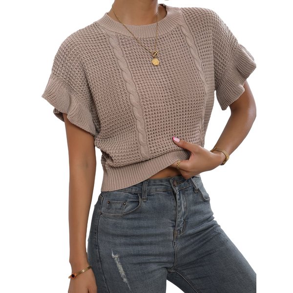 Verdusa Women's Ruffled Short Sleeve Round Neck Knitted Crop Top Pullovers Sweater Khaki S