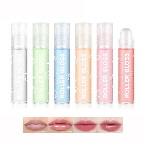 Roll On Lip Gloss Set, 6Pcs Shimmer Shiny Plumping Lip Oil Gloss, Fruit Flavored Plumping Lip Gloss, Non Toxic Glossy Lip Makeup, Kid Friendly, Party Gift Kit
