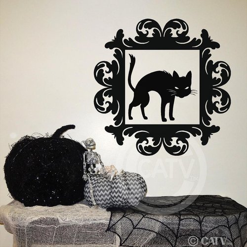Halloween Vinyl Decal Frame #14 Black Cat Portrait Vinyl Lettering Decal Home Decor Wall Art Sticker (Medium 16.5x16.5)